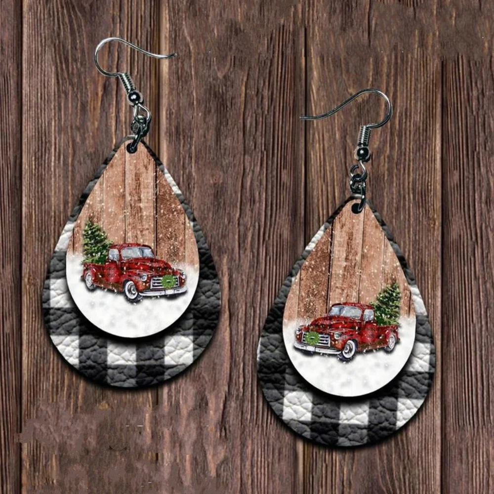 9. Black Plaid Christmas Truck Earrings